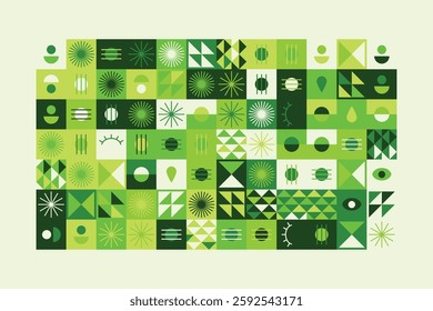 A vibrant abstract geometric pattern in shades of green, featuring eyes, teardrops, and dynamic shapes. The balanced yet playful design combines symmetry, repetition, and a futuristic aesthetic.