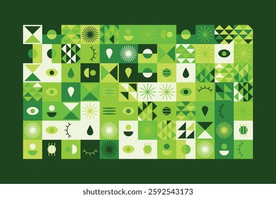 A vibrant abstract geometric pattern in shades of green, featuring eyes, teardrops, and dynamic shapes. The balanced yet playful design combines symmetry, repetition, and a futuristic aesthetic.