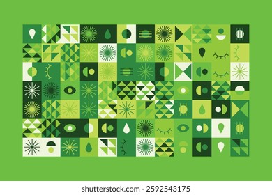 A vibrant abstract geometric pattern in shades of green, featuring eyes, teardrops, and dynamic shapes. The balanced yet playful design combines symmetry, repetition, and a futuristic aesthetic.