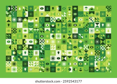 A vibrant abstract geometric pattern in shades of green, featuring eyes, teardrops, and dynamic shapes. The balanced yet playful design combines symmetry, repetition, and a futuristic aesthetic.