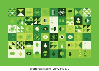 A vibrant abstract geometric pattern in shades of green, featuring eyes, teardrops, and dynamic shapes. The balanced yet playful design combines symmetry, repetition, and a futuristic aesthetic.