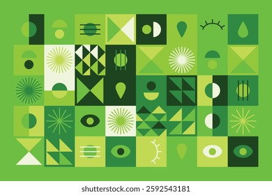 A vibrant abstract geometric pattern in shades of green, featuring eyes, teardrops, and dynamic shapes. The balanced yet playful design combines symmetry, repetition, and a futuristic aesthetic.