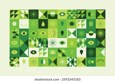 A vibrant abstract geometric pattern in shades of green, featuring eyes, teardrops, and dynamic shapes. The balanced yet playful design combines symmetry, repetition, and a futuristic aesthetic.