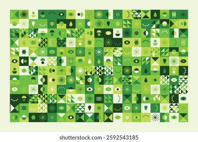 A vibrant abstract geometric pattern in shades of green, featuring eyes, teardrops, and dynamic shapes. The balanced yet playful design combines symmetry, repetition, and a futuristic aesthetic.