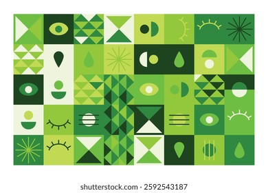 A vibrant abstract geometric pattern in shades of green, featuring eyes, teardrops, and dynamic shapes. The balanced yet playful design combines symmetry, repetition, and a futuristic aesthetic.