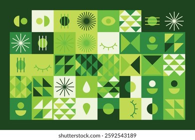 A vibrant abstract geometric pattern in shades of green, featuring eyes, teardrops, and dynamic shapes. The balanced yet playful design combines symmetry, repetition, and a futuristic aesthetic.