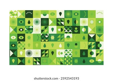 A vibrant abstract geometric pattern in shades of green, featuring eyes, teardrops, and dynamic shapes. The balanced yet playful design combines symmetry, repetition, and a futuristic aesthetic.