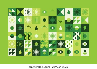 A vibrant abstract geometric pattern in shades of green, featuring eyes, teardrops, and dynamic shapes. The balanced yet playful design combines symmetry, repetition, and a futuristic aesthetic.