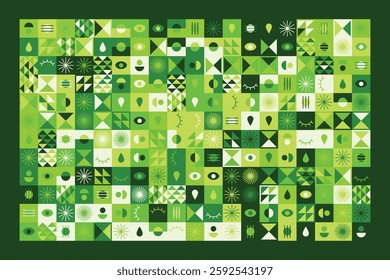 A vibrant abstract geometric pattern in shades of green, featuring eyes, teardrops, and dynamic shapes. The balanced yet playful design combines symmetry, repetition, and a futuristic aesthetic.