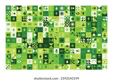 A vibrant abstract geometric pattern in shades of green, featuring eyes, teardrops, and dynamic shapes. The balanced yet playful design combines symmetry, repetition, and a futuristic aesthetic.