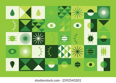 A vibrant abstract geometric pattern in shades of green, featuring eyes, teardrops, and dynamic shapes. The balanced yet playful design combines symmetry, repetition, and a futuristic aesthetic.