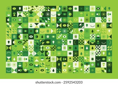 A vibrant abstract geometric pattern in shades of green, featuring eyes, teardrops, and dynamic shapes. The balanced yet playful design combines symmetry, repetition, and a futuristic aesthetic.