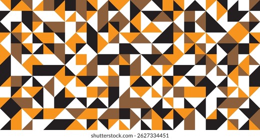 Vibrant abstract geometric pattern with triangles in orange, black, brown, and white. Modern and dynamic seamless background design.