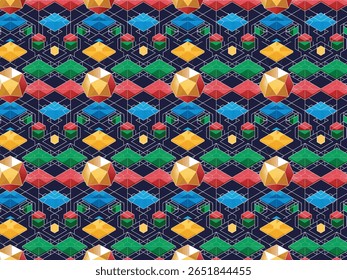 A vibrant abstract geometric seamless pattern featuring colorful shapes on a dark blue background, perfect for digital design, wallpaper, and modern art.