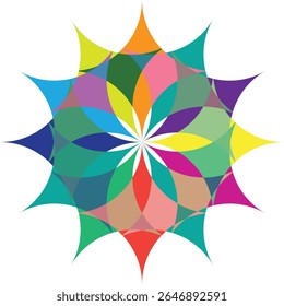 Estrela geométrica vibrante e abstrata com sobreposição de formas pétalas coloridas.