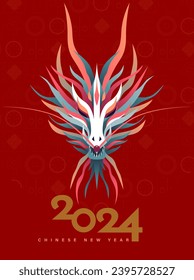 Vibrant Abstract gradient dragon head celebrating 2024 Chinese New Year on a background of traditional Chinese lucky symbols.
