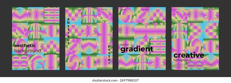 Vibrante colección de carteles de gradiente abstracto con ambiente futurista Y2K. Diseños holográficos y geométricos suaves ideales para blogs, sitios, portadas y marcas digitales de moda
