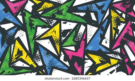 Vibrant abstract graffiti vector with colorful geometric shapes, halftone dots, and grunge style. Perfect for street art, poster, t-shirt, wallpaper, and modern digital design.