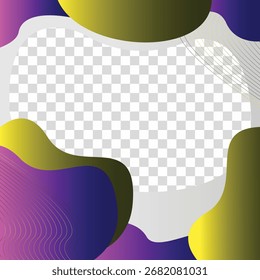 A vibrant and abstract graphic template with flowing, organic shapes in yellow, purple, and blue, with a transparent central area