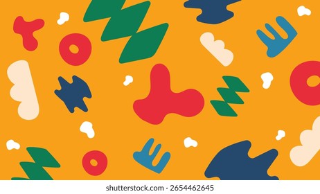 Vibrant abstract graphics in green, red, cream, and navy on a warm yellow canvas. Energetic, creative and youthful look.