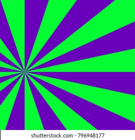 Vibrant abstract green and violet background with sunburst pattern. Radial vibrant colorful rays for banner, card, poster design. Vector illustration, template.