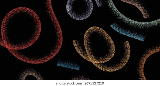 Vibrant abstract halftone curve pattern on dark background for modern design. Colorful dotted gradient shapes with neon glow effect, artistic composition
