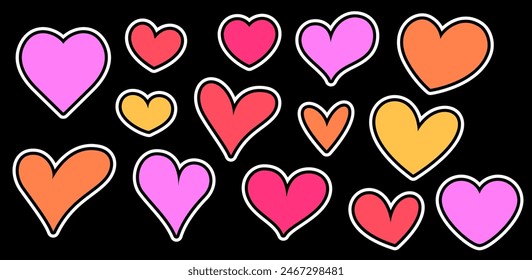 Vibrant abstract heart shapes in various colors with bold outlines on a black background, creating a playful and dynamic pattern.