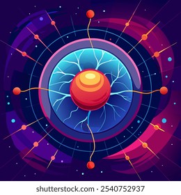 A vibrant, abstract illustration of a cosmic sphere surrounded by swirling nebulas and glowing lines, perfect for futuristic designs, space-themed visuals, and anything that needs an energetic edge.