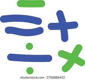 Una ilustración abstracta vibrante que presenta símbolos matemáticos en azul y verde, incluyendo la suma, la resta, la división y la multiplicación. Perfecto para contenido educativo, tutoriales de matemáticas.