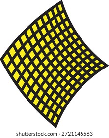Una ilustración abstracta vibrante con un patrón de cuadrícula deformado dinámico. El diseño consta de numerosos cuadrados amarillos brillantes sobre un fondo negro sólido, creando una imagen de alto contraste. La rejilla parece estar estirada y curvada, lo que sugiere una superficie ondulada tridimensional o una pieza de tela ondulando en movimiento. Los cuadrados varían ligeramente en forma, desde más rectangulares en los bordes hasta diamantes en el centro, lo que mejora la ilusión de profundidad y movimiento. La forma general de la zona estampada es un cuadrilátero Grande e irregularmente curvado, lo que le da una sensación energética y moderna adecuada para fondos, texturas o Elementos de Diseño gráfico.