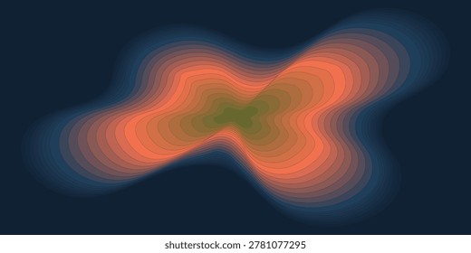 A vibrant abstract illustration featuring fluid, concentric layers in shades of orange and blue, creating a topographical or heat map effect.