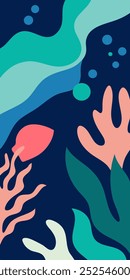 A vibrant abstract illustration featuring  fluids shapes and organic forms in a calming color palette of blues, greens, and coral. Perfect for creating a modern and coastal vibe in your designs.