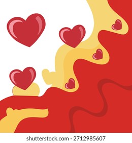 Vibrant abstract illustration featuring glossy red hearts cascading down a dynamic flow of red and yellow shapes, perfect for themes of love, romance, and Valentine's Day.