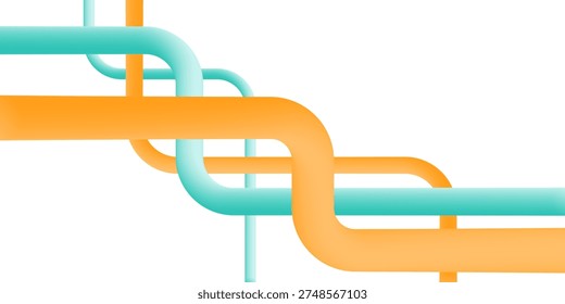 A vibrant abstract illustration featuring a network of orange and teal pipes crossing and intertwining against a clean white background, creating a dynamic and interconnected visual.