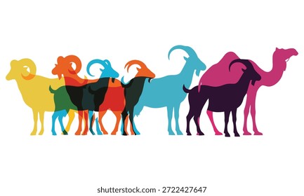 Eine lebendige und abstrakte Illustration mit überlappenden Silhouetten von Ziegen und einem Kamel in einer Vielzahl von hellen, durchscheinenden Farben. Die Tiere sind in einer Linie auf weißem Hintergrund angeordnet, wodurch ein dynamischer und moderner visueller Effekt mit unterschiedlichen Farbkombinationen entsteht.