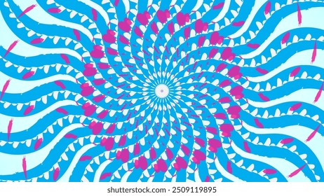 A vibrant abstract illustration featuring swirling blue ribbons with pink and white accents, forming a hypnotic spiral pattern. The design creates a dynamic sense of motion and depth.