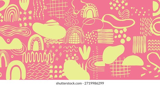 Vibrante ilustración abstracta con patrones amarillos sobre un fondo rosa que muestra varias Formas y diseños desde un punto de vista directo Plantilla editable