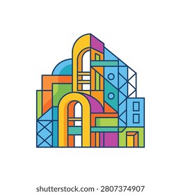 A vibrant abstract illustration of a geometric building with colorful blocks and arches