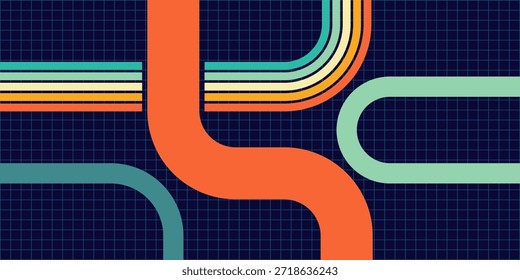 Vibrante ilustración abstracta con tuberías interconectadas de estilo retro en una cuadrícula azul oscuro, que evoca una sensación tecnológica vintage y una sensación de movimiento.