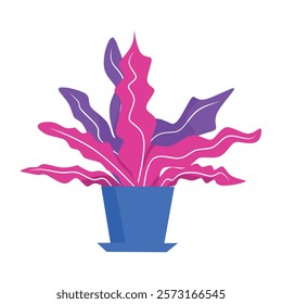 Vibrant abstract illustration of a potted plant with pink and purple wavy leaves in a blue pot, perfect for modern decor and creative design projects