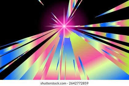 Vibrant abstract illustration in retrofuturistic vaporwave style, featuring dynamic, sharp hologrphic streaks in bright pink, yellow, and blue colors, giving a sense of energetic motion.