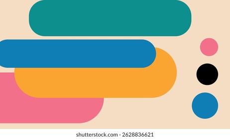 Vibrante ilustración abstracta con Formas Horizontales redondeadas en tonos verde azulado, azul, naranja, rosa y negro sobre un fondo beige suave.