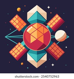 A vibrant and abstract illustration of a spaceship orbiting a planet,  perfect for creating eye-catching designs with a futuristic feel. This graphic is ideal for space-themed projects.