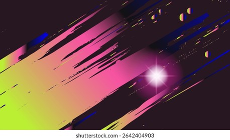 Ilustração abstrata vibrante em estilo vaporwave, com listras pretas dinâmicas e nítidas irradiando de um rosa brilhante, amarelo e azul, dando uma sensação de movimento energético.