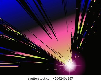 Ilustração abstrata vibrante em estilo vaporwave, com listras pretas dinâmicas e nítidas irradiando de um rosa brilhante, amarelo e azul, dando uma sensação de movimento energético.