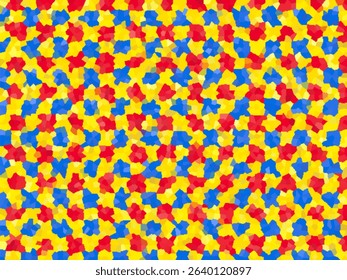 
A vibrant, abstract image composed of small, irregular shapes in primary colors: red, blue, and yellow. 
