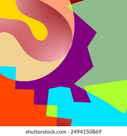 A vibrant abstract image featuring overlapping geometric shapes in various colors. Red, orange, yellow, green, blue, purple, and pink are prominent. The shapes are angular.