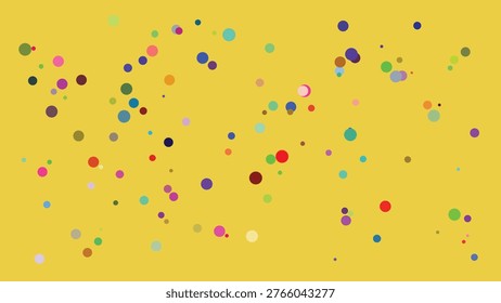 A vibrant abstract image featuring a random distribution of variously sized and colored circles scattered across a solid golden-yellow backdrop. The circles range from bright pastels to deep hues,.