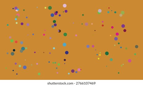 A vibrant abstract image featuring a random distribution of multicolored circles in varying sizes against an orange backdrop. The circles exhibit a wide spectrum of colors including pink, blue,.