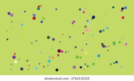A vibrant abstract image featuring a random distribution of multicolored circular shapes varying in size against a bright lime green backdrop. The circles exhibit a wide spectrum of colors including.